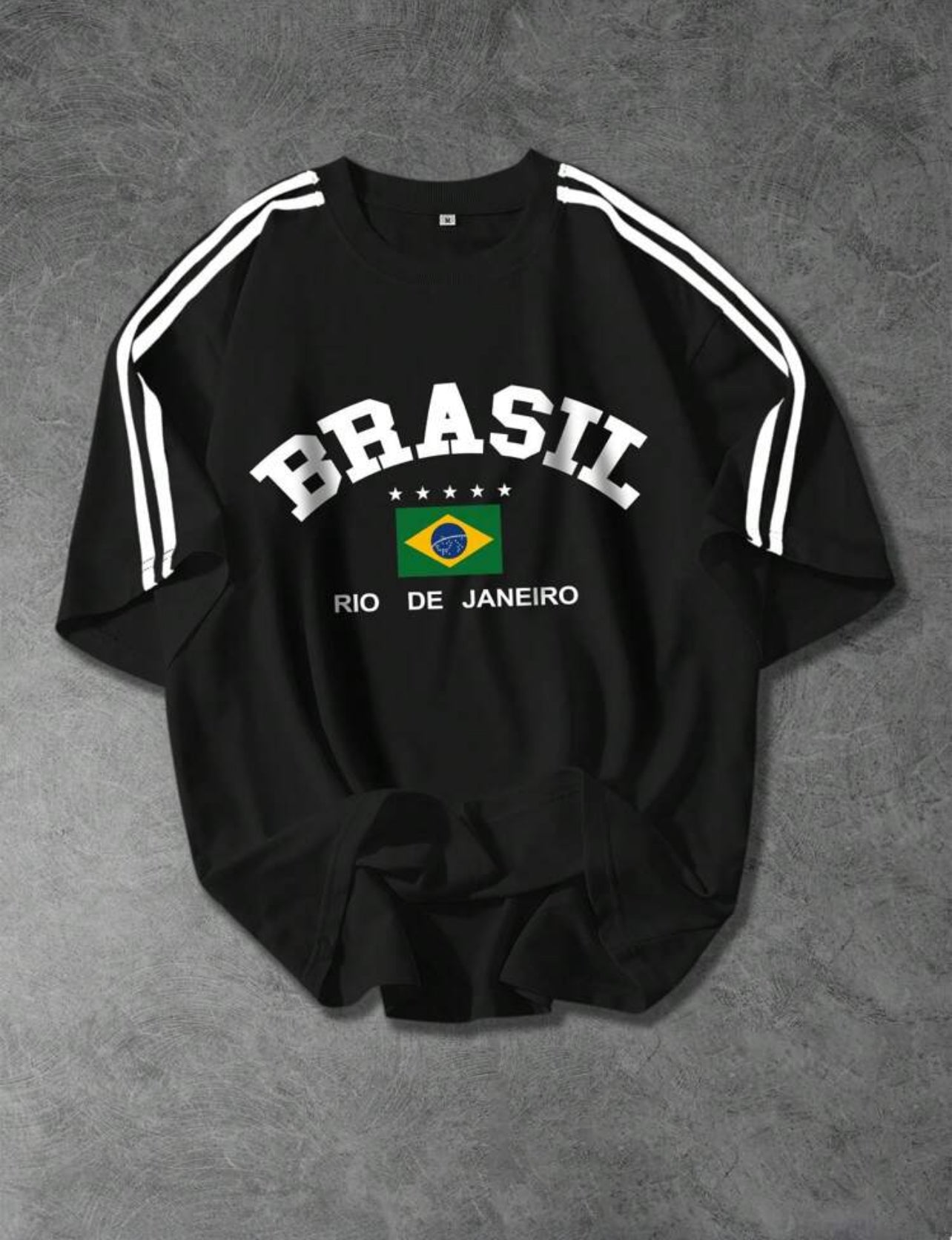 Brazilian Text & National Flag Print Short-Sleeve T-Shirt with Black Ribbon – Black & White Old Money Style