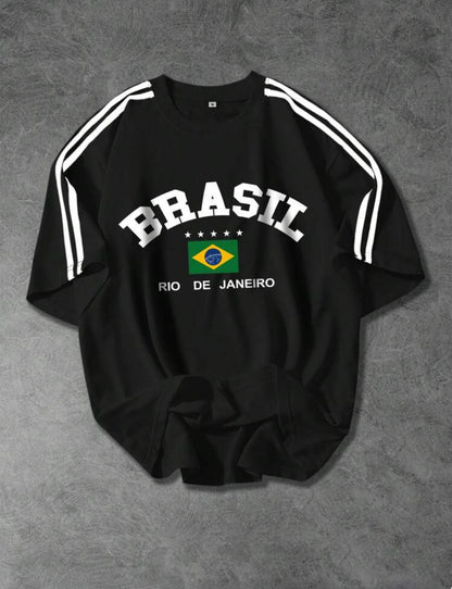 Brazilian Text & National Flag Print Short-Sleeve T-Shirt with Black Ribbon – Black & White Old Money Style