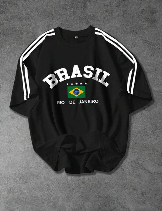 Brazilian Text & National Flag Print Short-Sleeve T-Shirt with Black Ribbon – Black & White Old Money Style