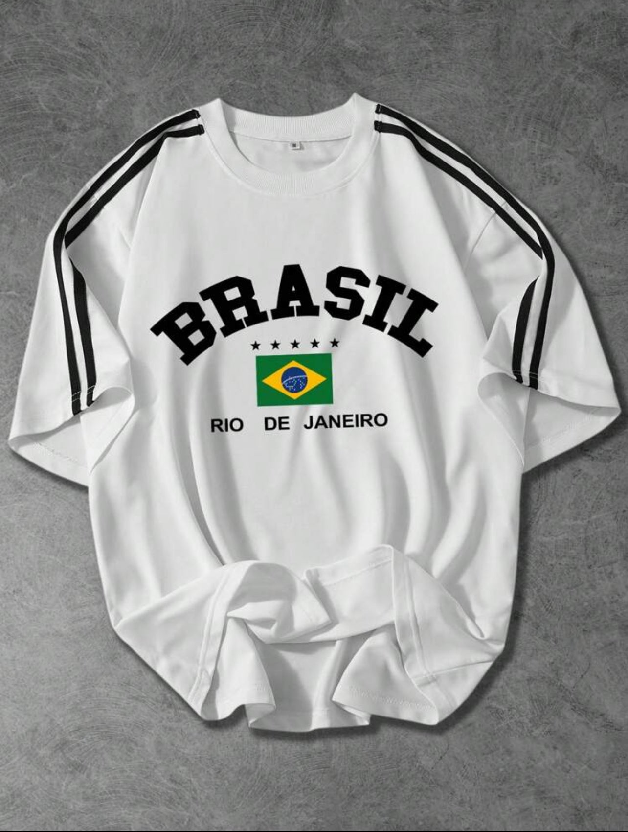 Brazilian Text & National Flag Print Short-Sleeve T-Shirt with Black Ribbon – Black & White Old Money Style