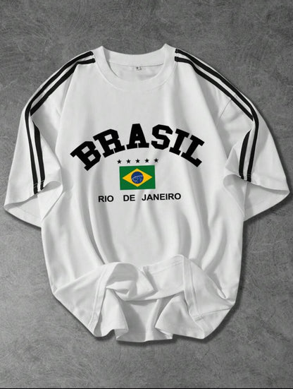 Brazilian Text & National Flag Print Short-Sleeve T-Shirt with Black Ribbon – Black & White Old Money Style
