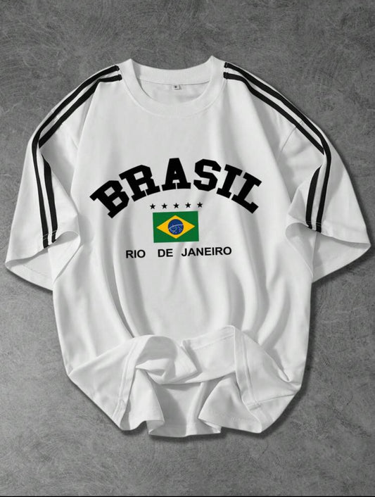 Brazilian Text & National Flag Print Short-Sleeve T-Shirt with Black Ribbon – Black & White Old Money Style