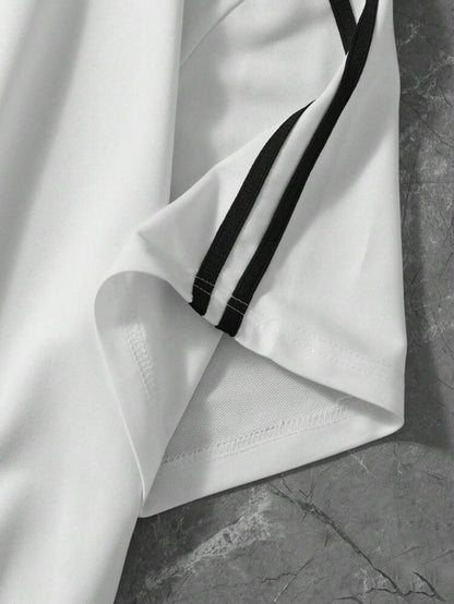 Brazilian Text & National Flag Print Short-Sleeve T-Shirt with Black Ribbon – Black & White Old Money Style