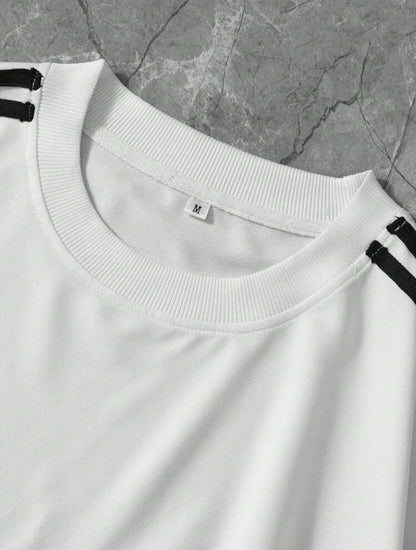 Brazilian Text & National Flag Print Short-Sleeve T-Shirt with Black Ribbon – Black & White Old Money Style